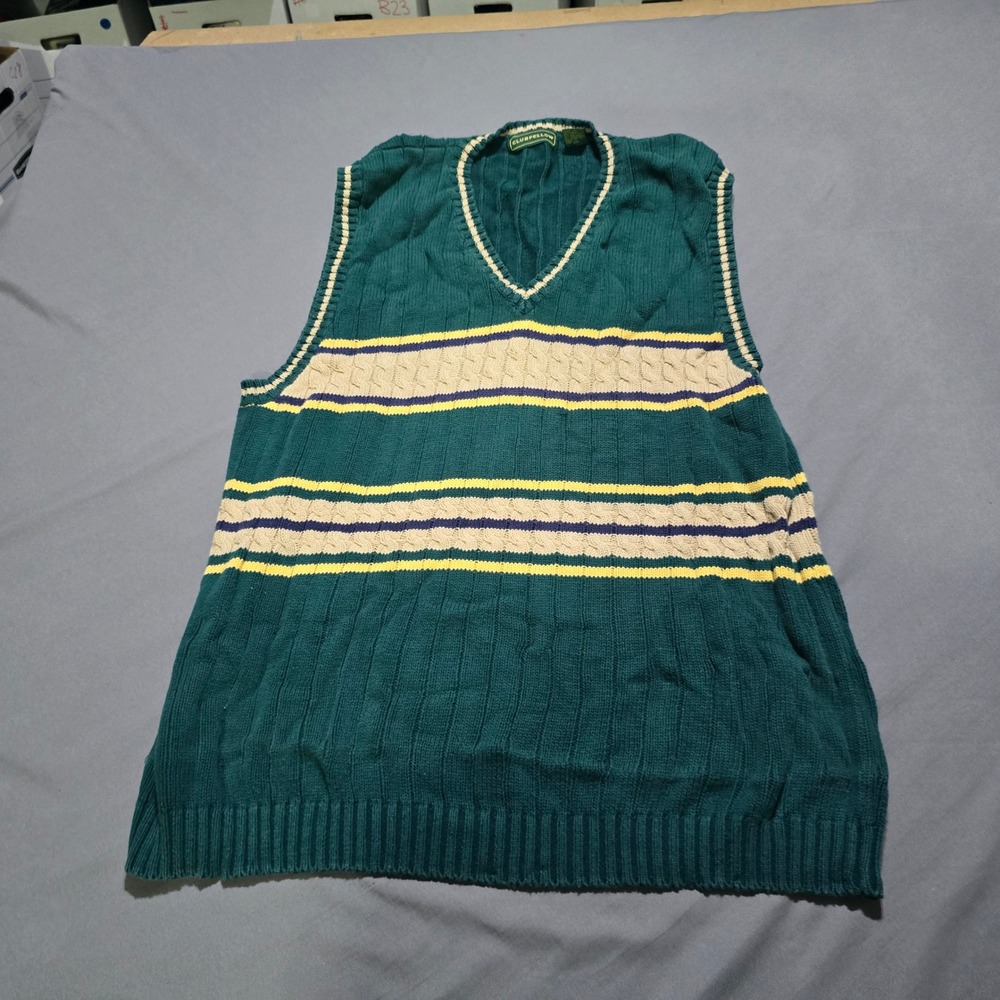 Clubfellow Sweater Vest Mens XXLT Green Cable Knit Striped V-Neck Cotton
